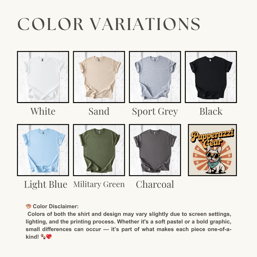 Color variations of a shirt displayed with a color disclaimer at the bottom.