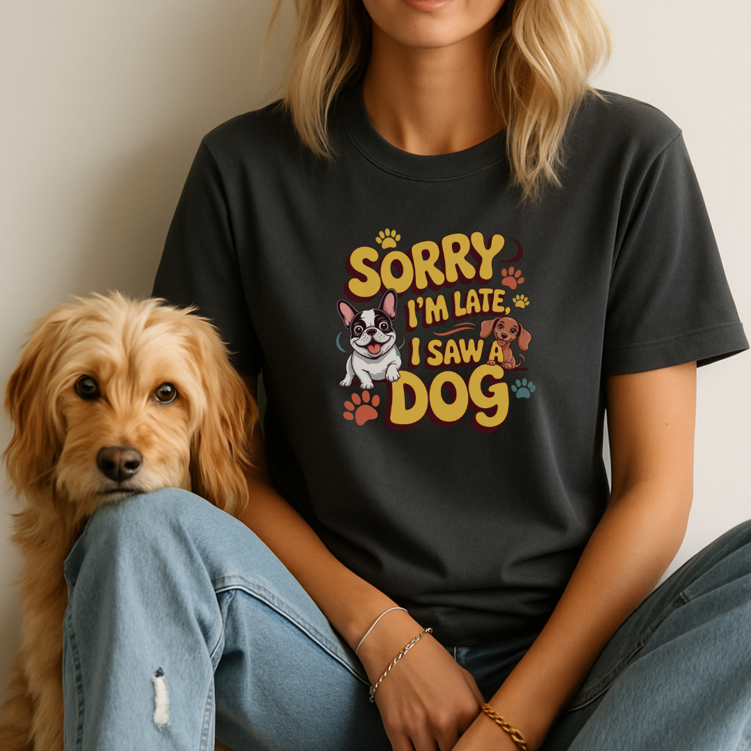 Model wearing a Charcoal t-shirt with the phrase "Sorry I'm Late, I Saw A Dog" with her dog beside her.