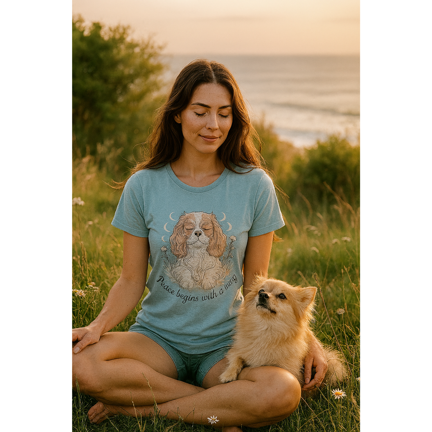 Woman sitting in a field with a dog, wearing a blue t-shirt with a dog illustration.