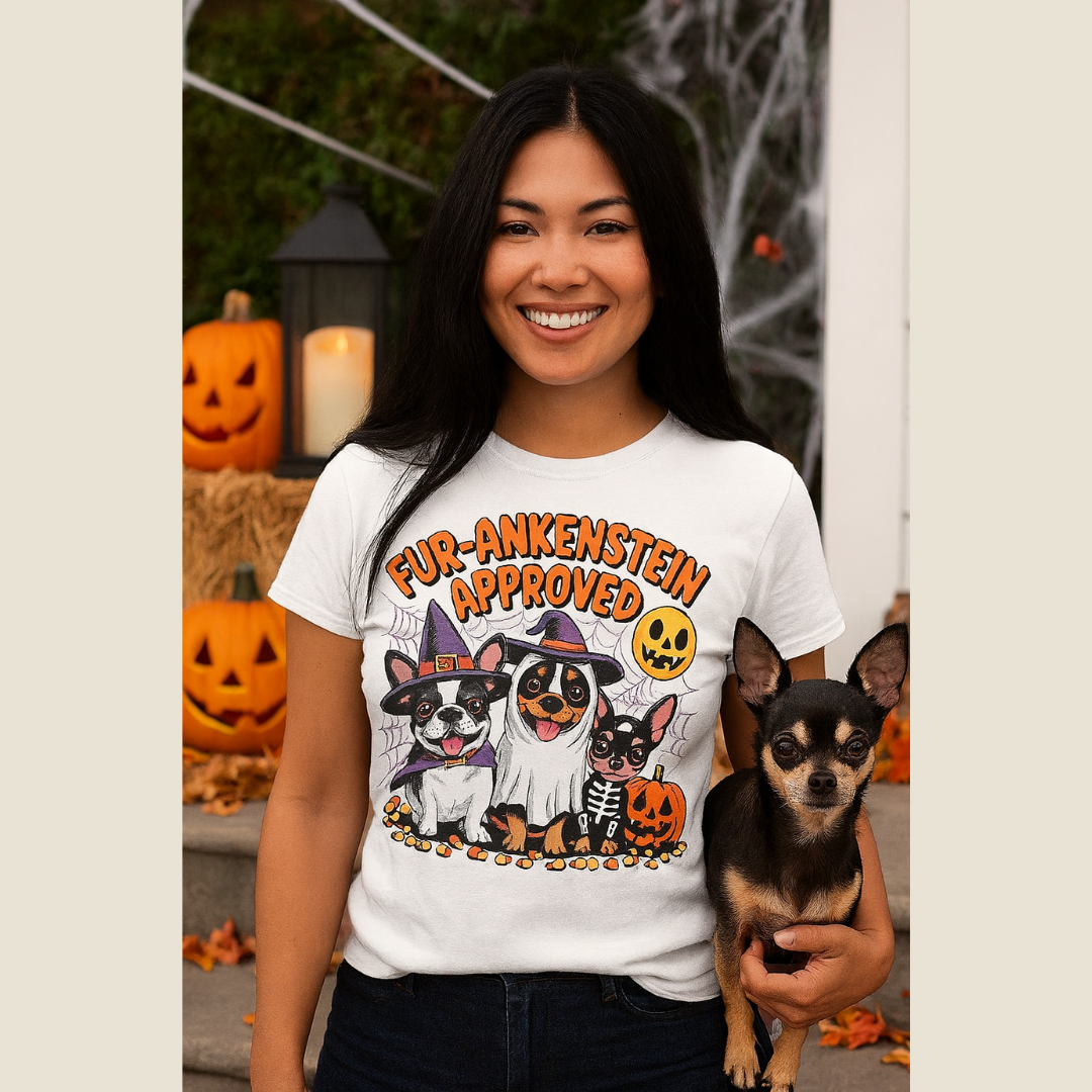 Woman wearing a 'Fur-Ankenstein Approved' t-shirt with Halloween-themed design, holding a small dog, in a festive outdoor setting.