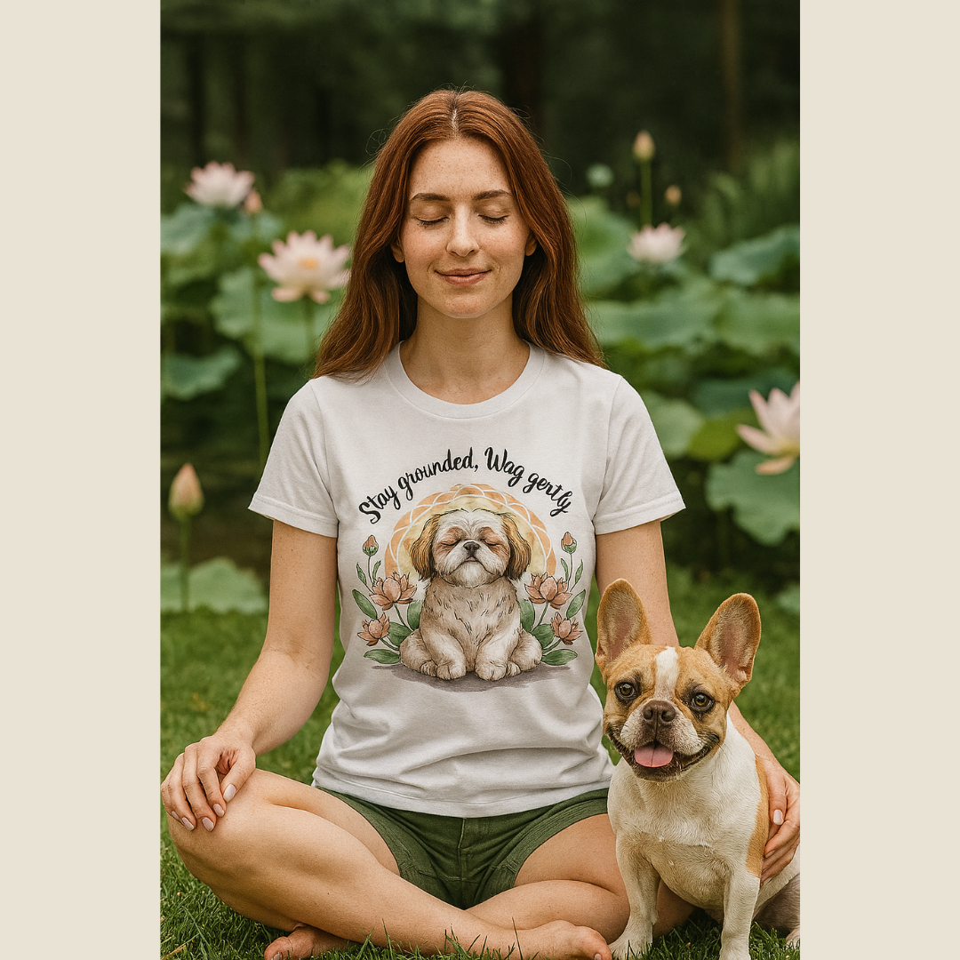 Woman sitting on grass with a dog, wearing a t-shirt with a dog illustration and text.