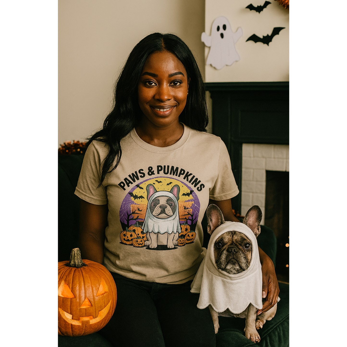 Woman wearing a 'Paws & Pumpkins' t-shirt with a dog in a costume, holding a pumpkin and a small dog.