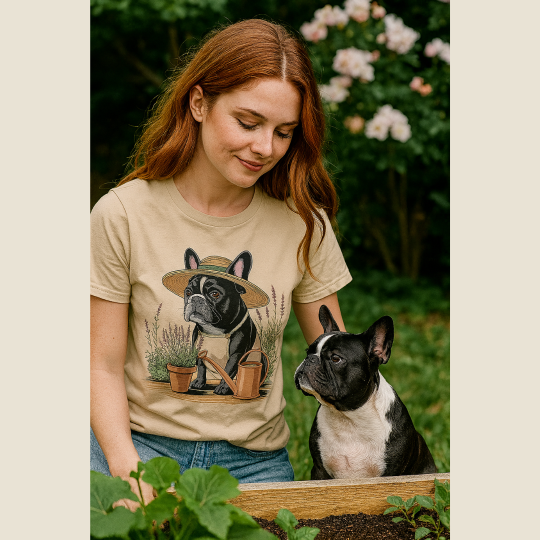 Woman wearing a t-shirt with a dog graphic, standing next to a dog in a garden.