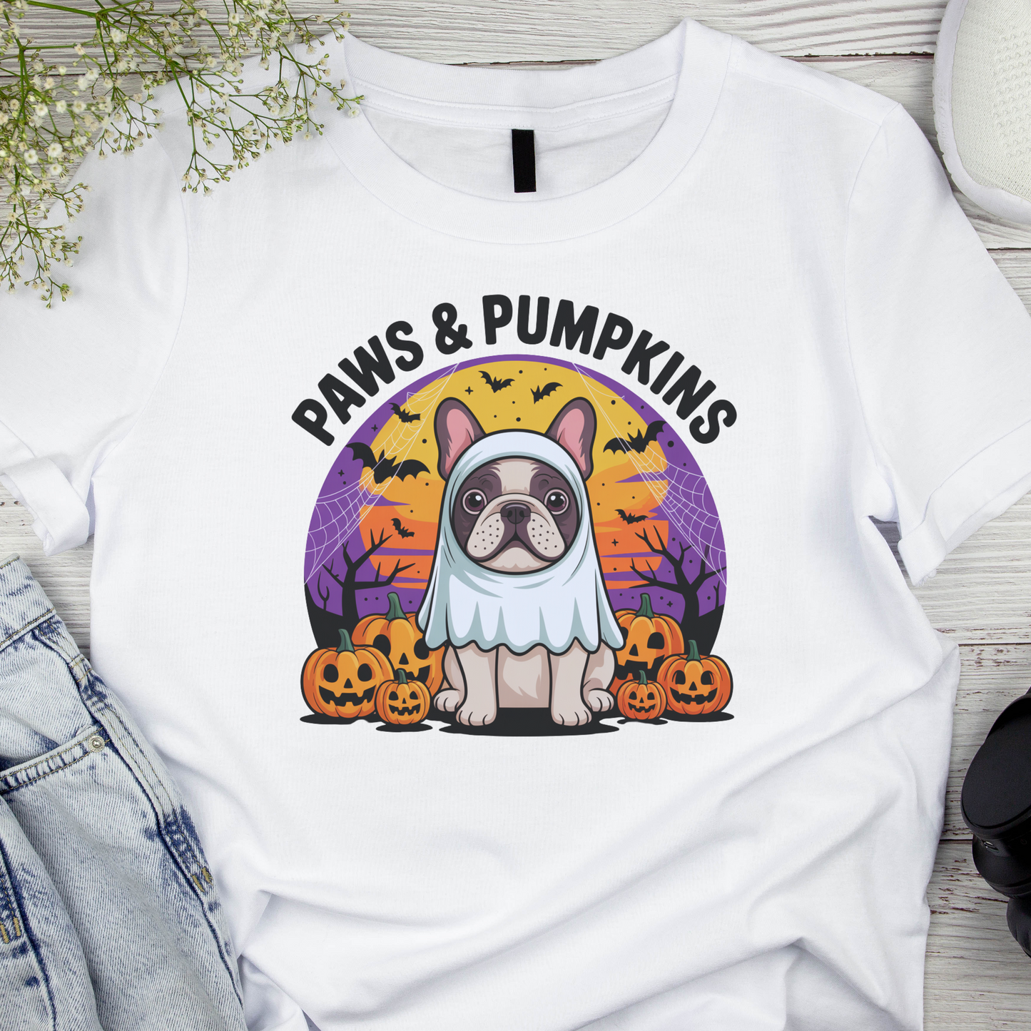 White t-shirt with Halloween-themed design featuring a dog in a ghost costume and pumpkins.