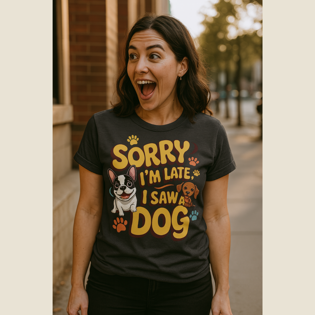 Woman wearing a black t-shirt with a dog-themed graphic and text "Sorry I'm Late, I Saw A Dog".