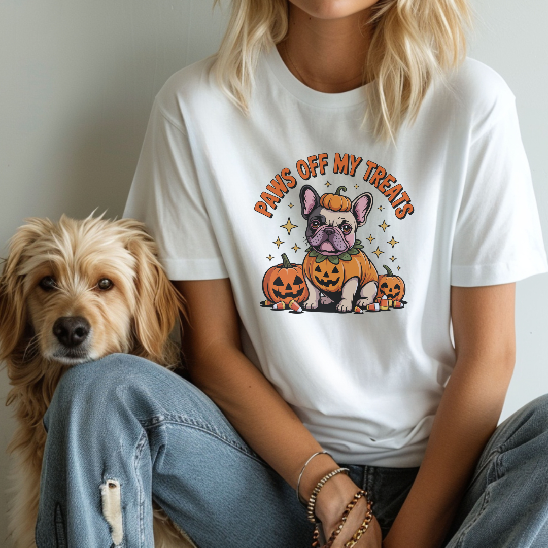 Person wearing a white t-shirt with a Halloween-themed design featuring a dog and pumpkins, sitting next to a dog.