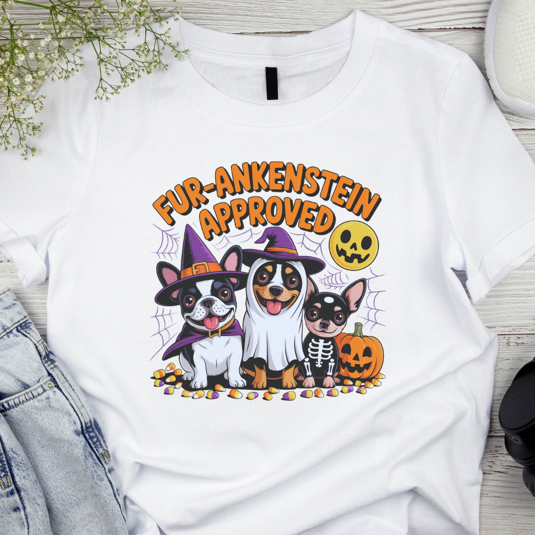 White t-shirt with Halloween-themed design featuring dogs in costumes on a wooden surface.