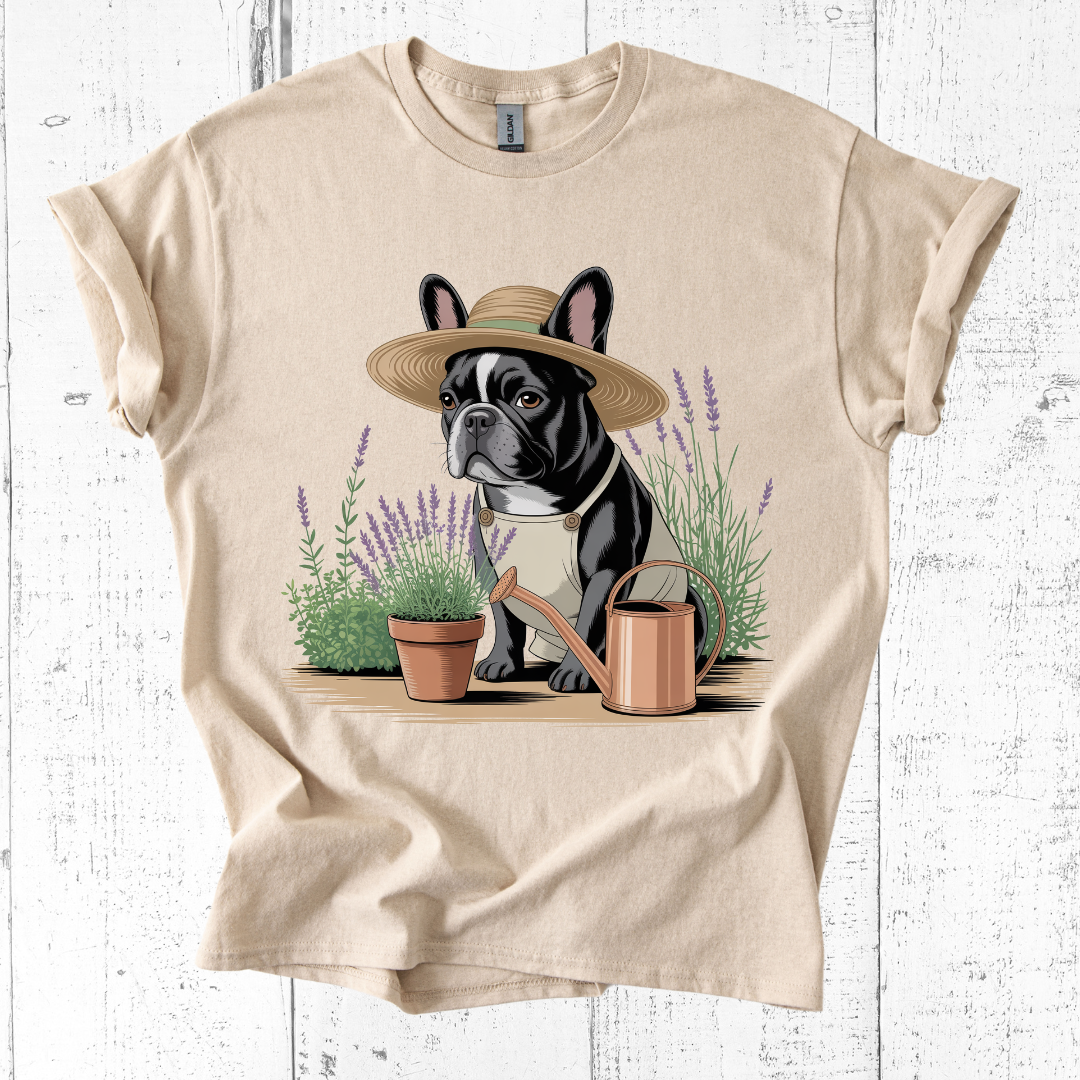 Beige t-shirt with a dog wearing a hat and holding a watering can graphic on a white wooden background