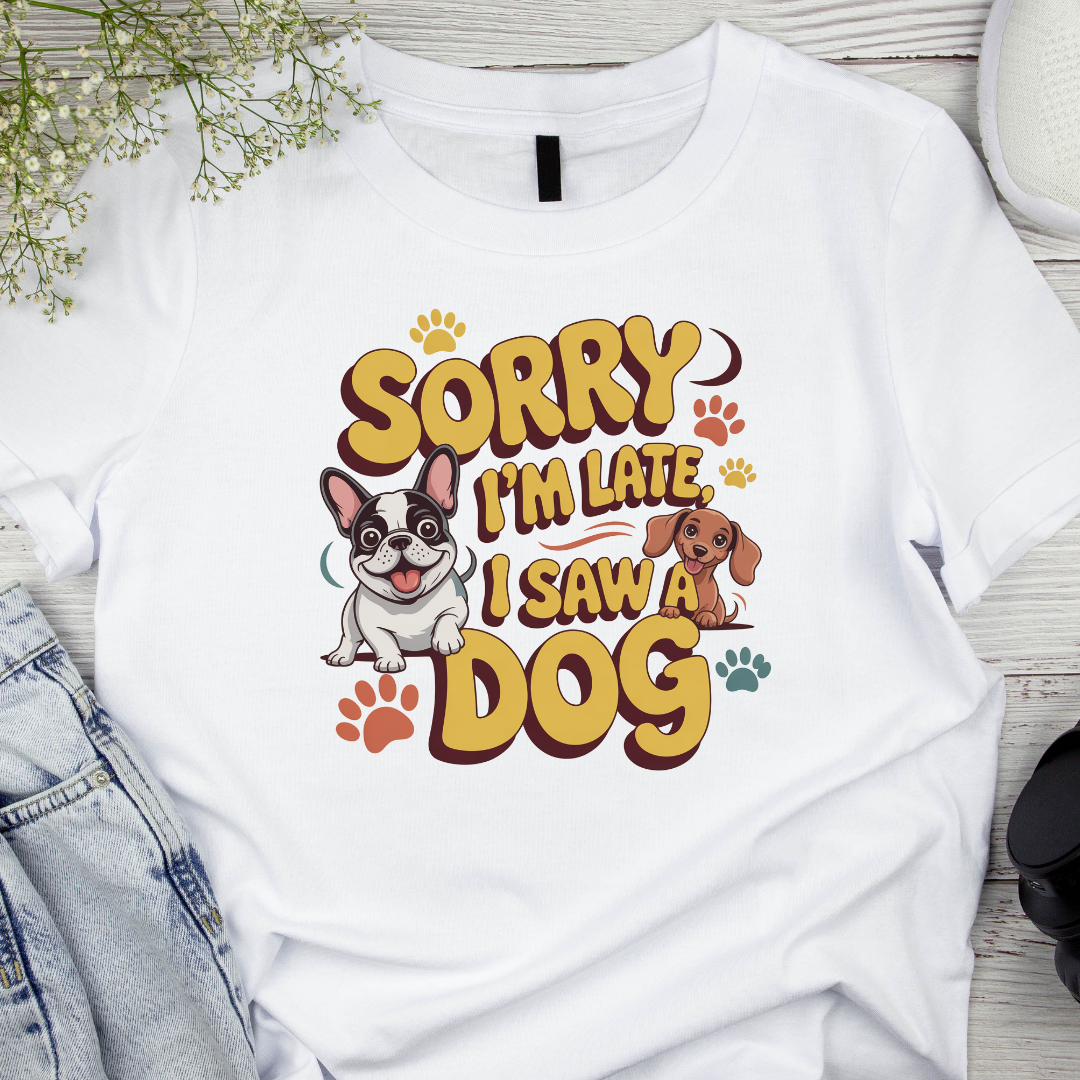 White t-shirt with cartoon dogs and text 'Sorry I'm late, I saw a dog' on a wooden surface.