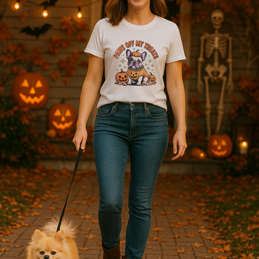 Person wearing a Halloween-themed t-shirt with a dog graphic, walking a dog in an outdoor setting with pumpkins and a skeleton.