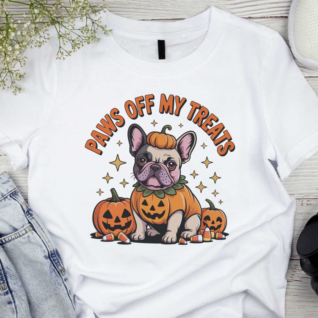 White t-shirt with a Halloween-themed design featuring a dog in a pumpkin costume and text 'Paws Off My Treats'.