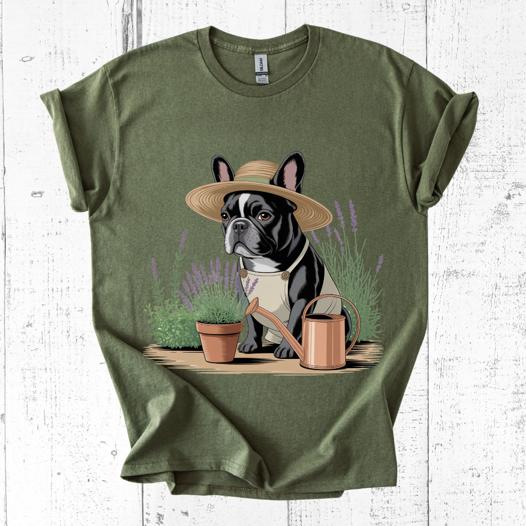 Green t-shirt with a dog wearing a hat and gardening outfit on a white wooden background