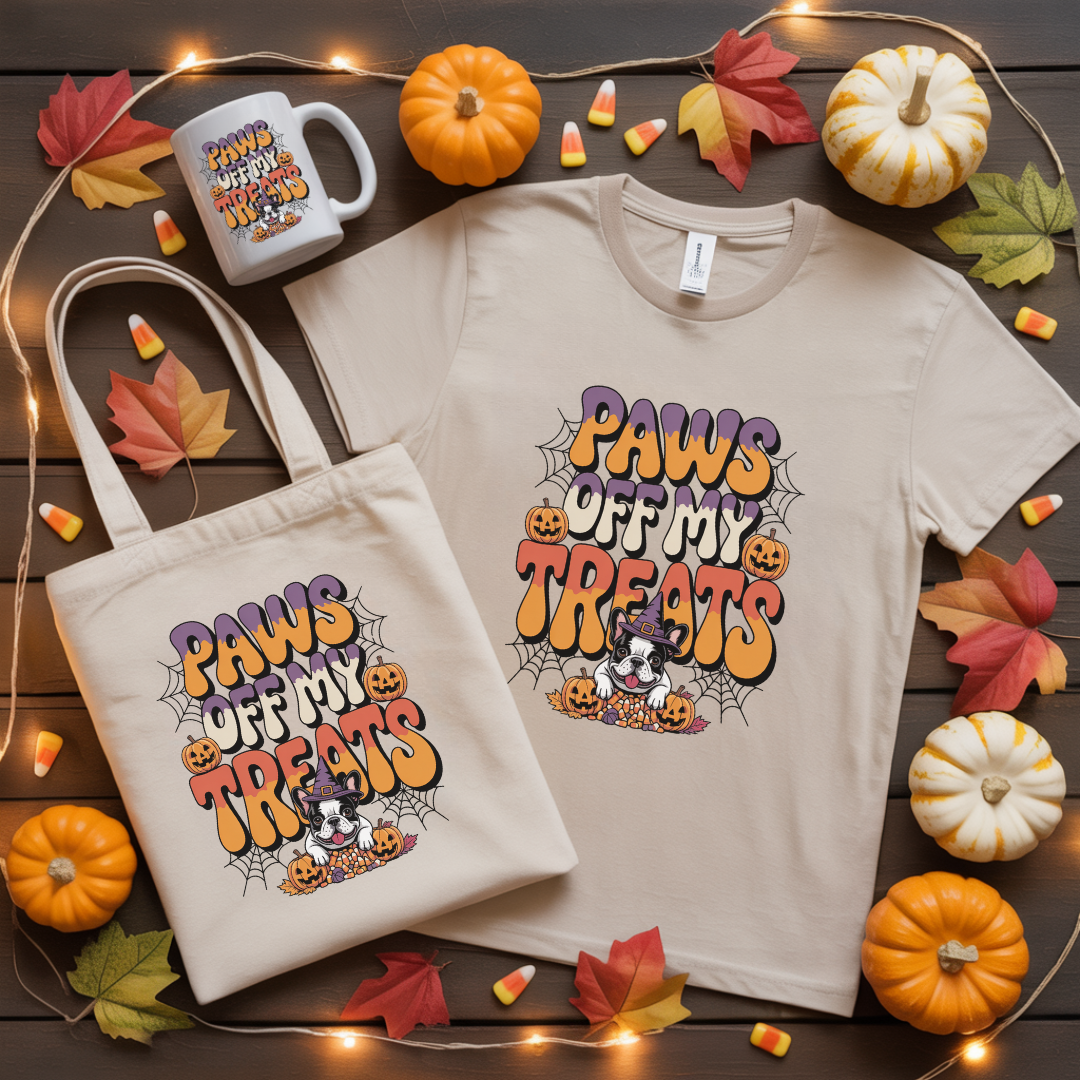 T-shirt and tote bag with 'Paws Off My Treats' design on a wooden surface with pumpkins and leaves.