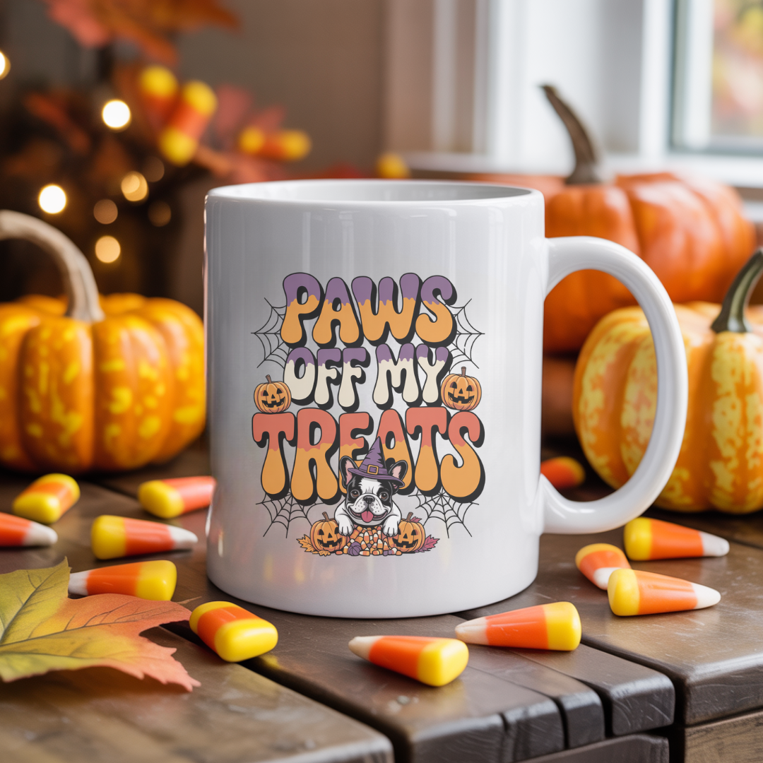 White mug with 'Paws Off My Treats' design on a table with pumpkins and candy corn.
