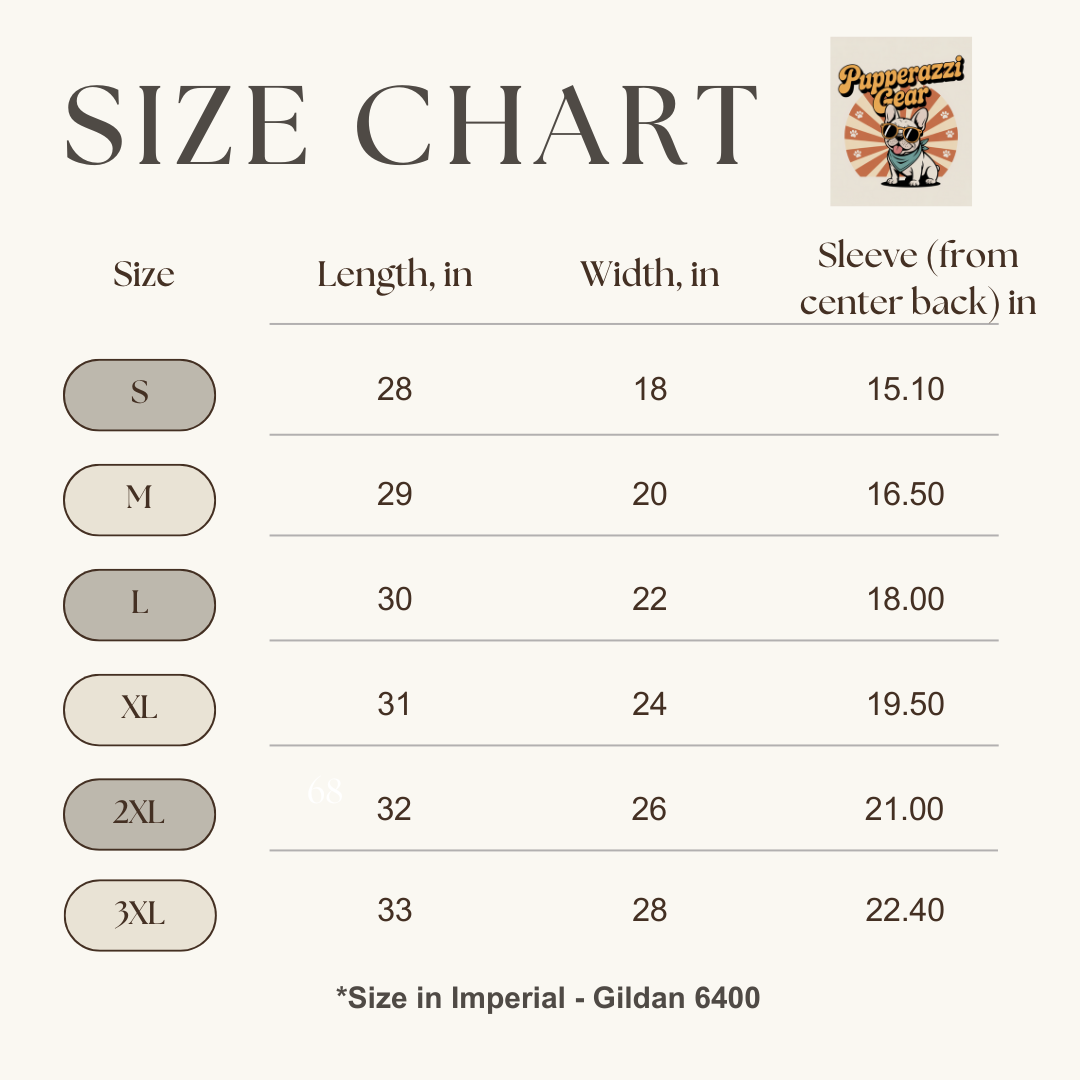 Size chart for clothing with measurements in inches