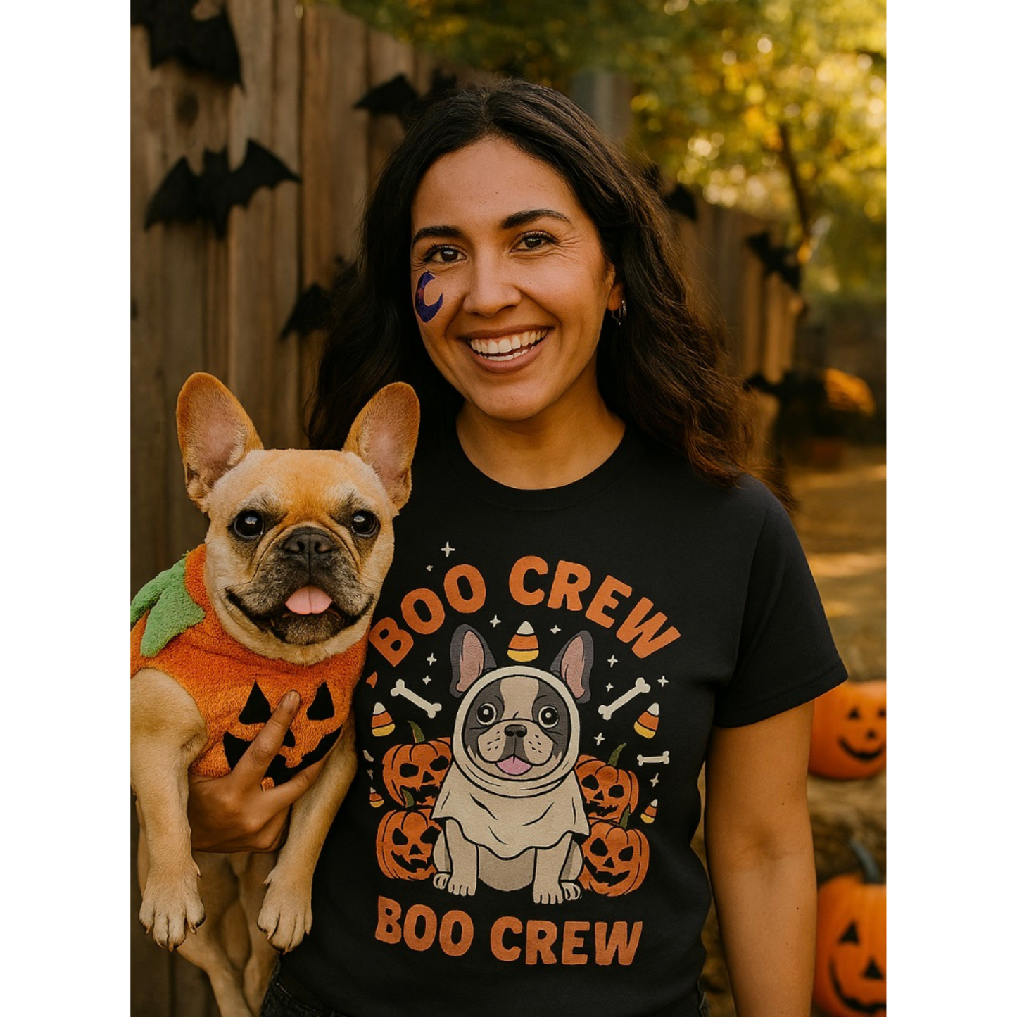 Woman wearing a 'Boo Crew' t-shirt with a dog in a pumpkin costume, surrounded by Halloween decorations.