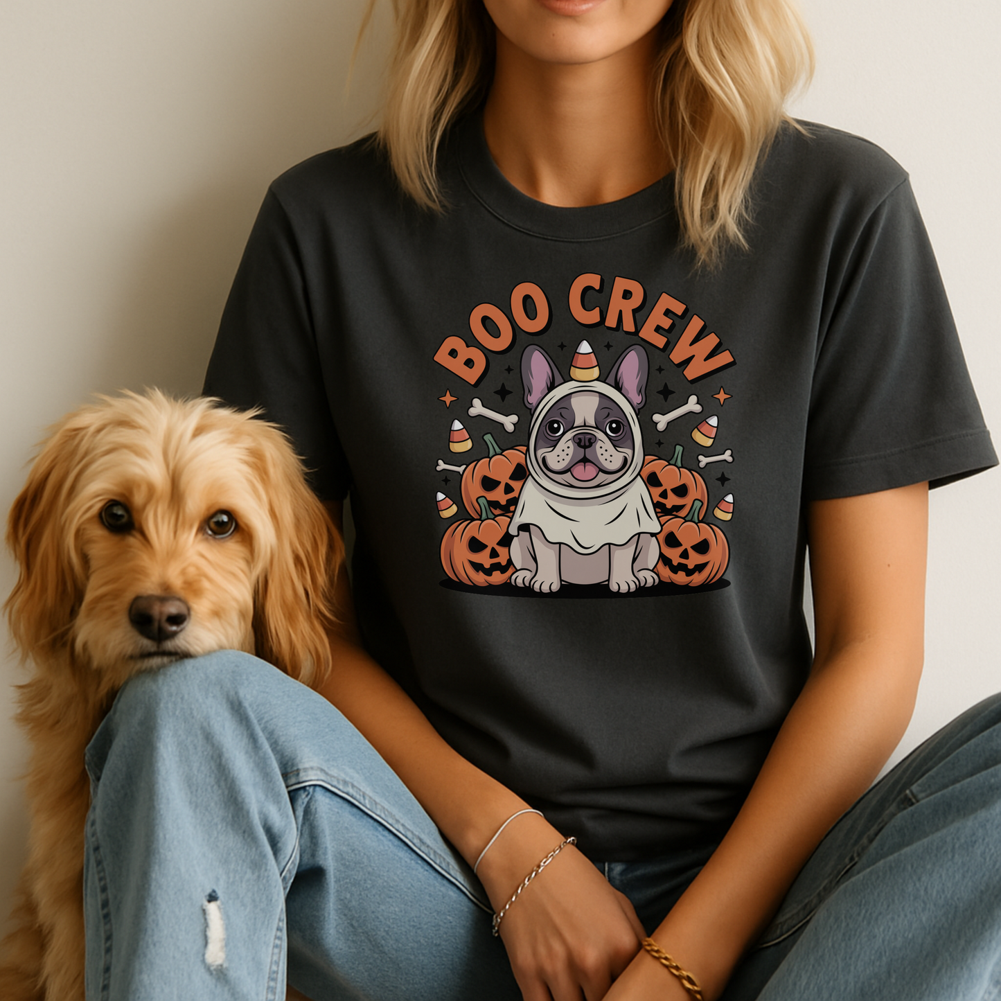 Person wearing a black t-shirt with 'BOO CREW' and a dog graphic, sitting next to a dog.