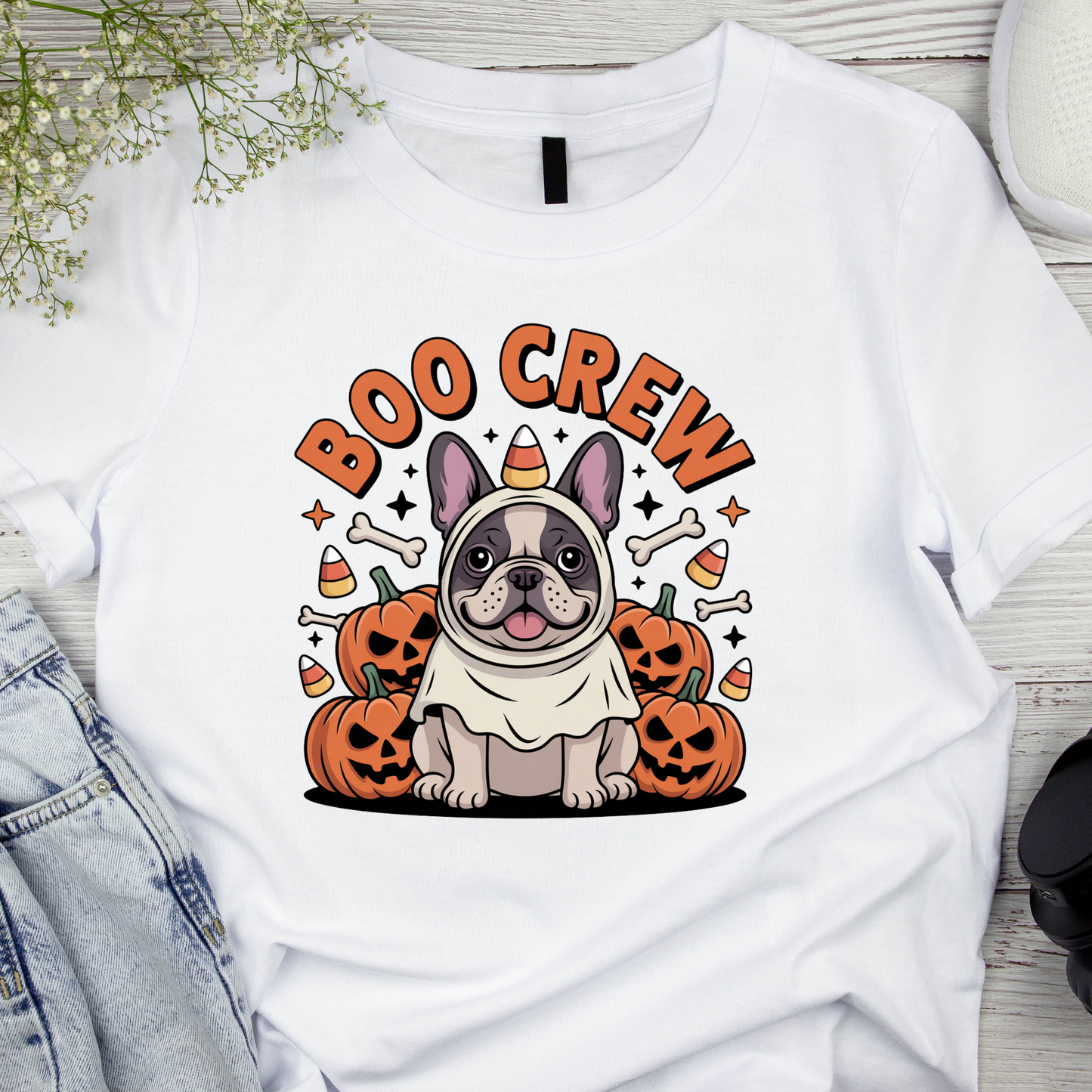 White t-shirt with a dog in a Halloween costume graphic and 'BOO CREW' text on a wooden surface.