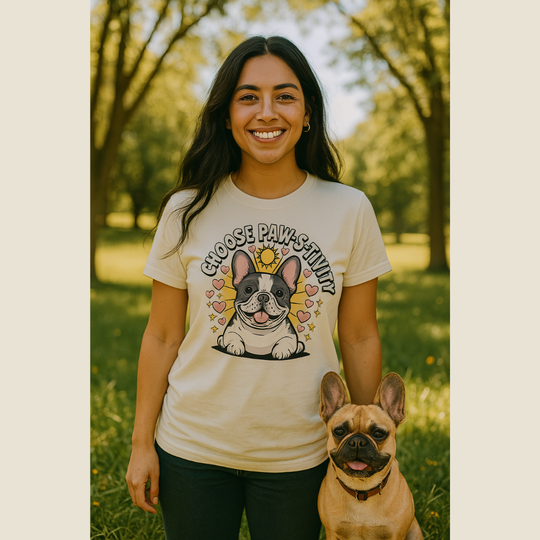 Woman wearing a t-shirt with a dog graphic and text, standing outdoors with a dog.