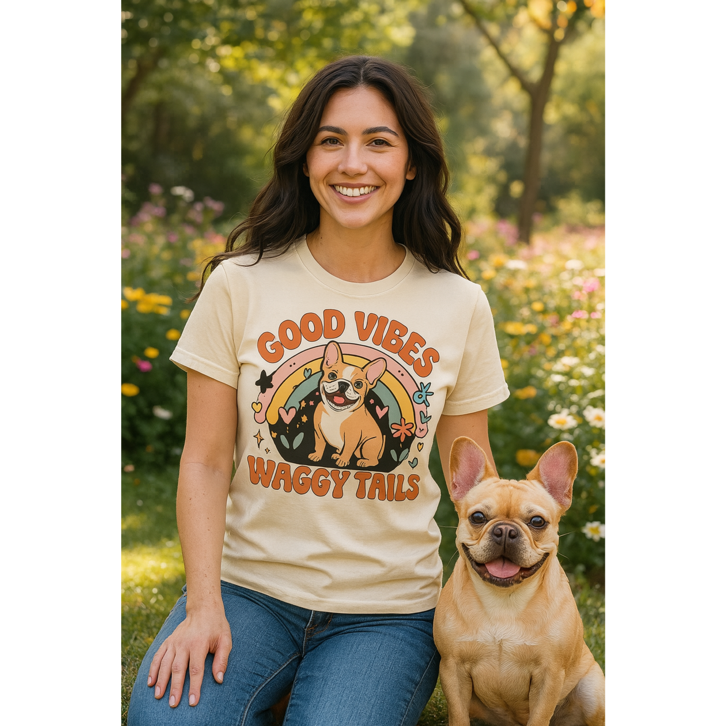 Woman wearing a 'Good Vibes Wiggly Tails' t-shirt with a dog in a field.