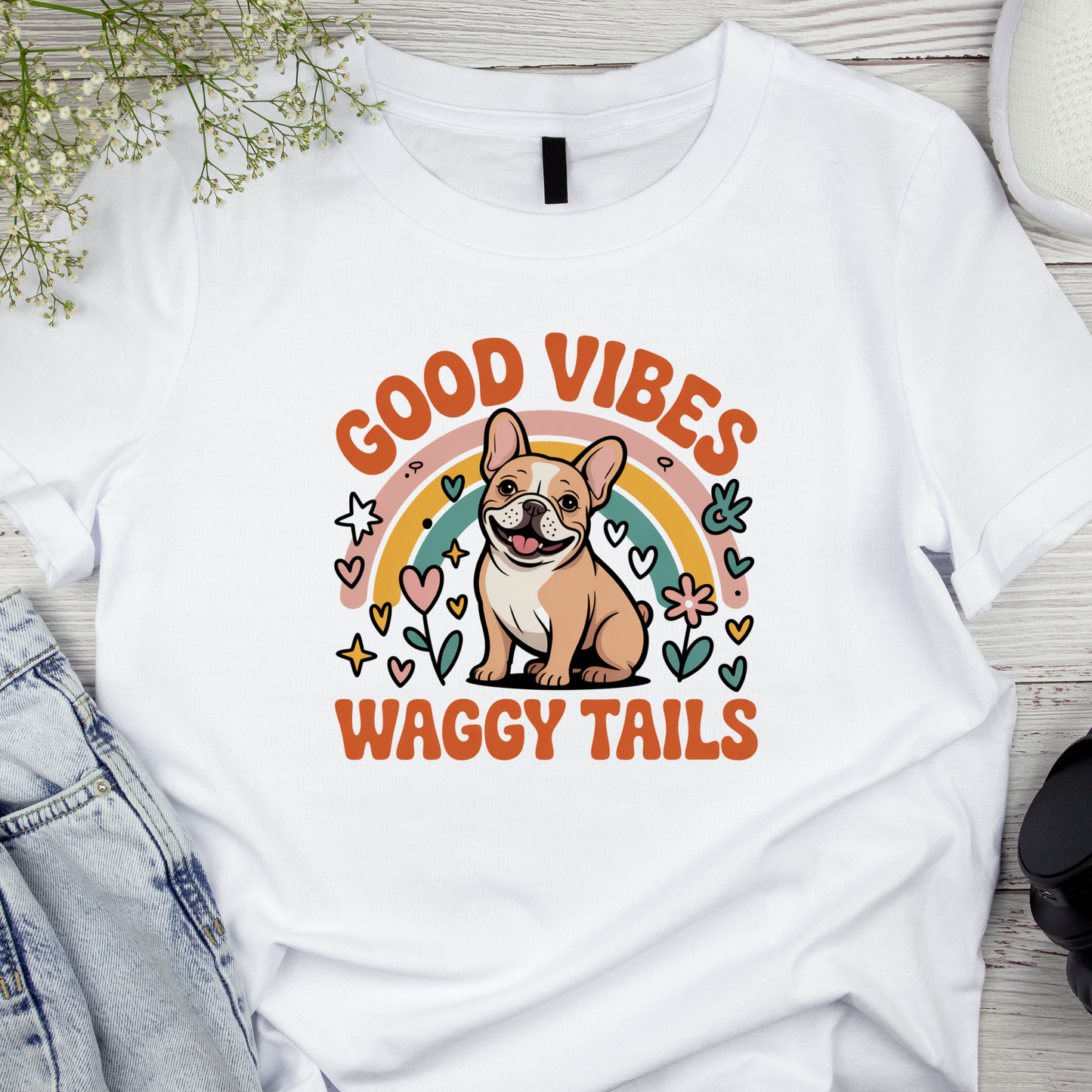 White t-shirt with a dog graphic and 'Good Vibes Waggy Tails' text on a wooden surface.