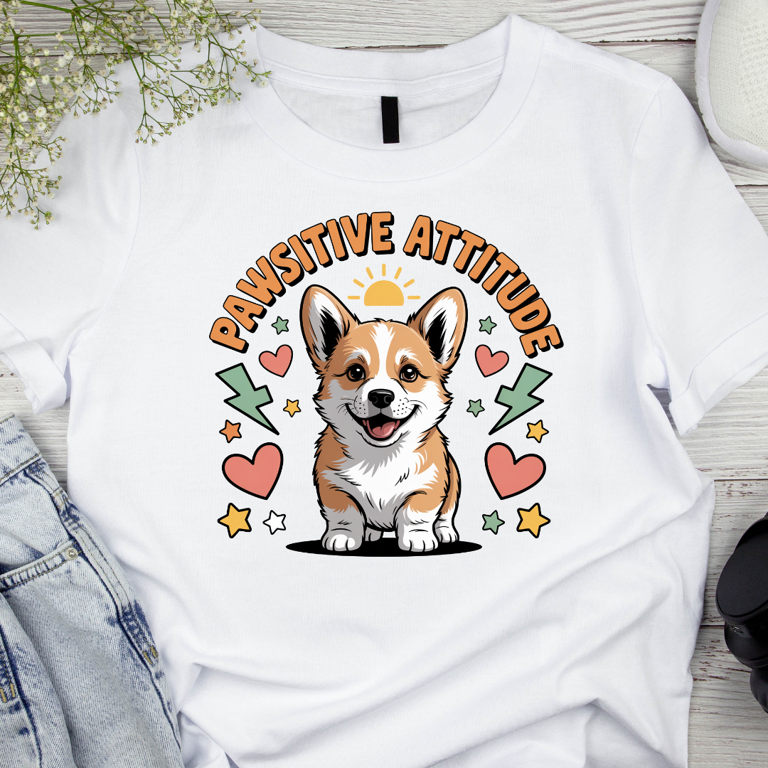 White t-shirt with a corgi graphic and 'Pawsitive Attitude' text on a wooden surface.