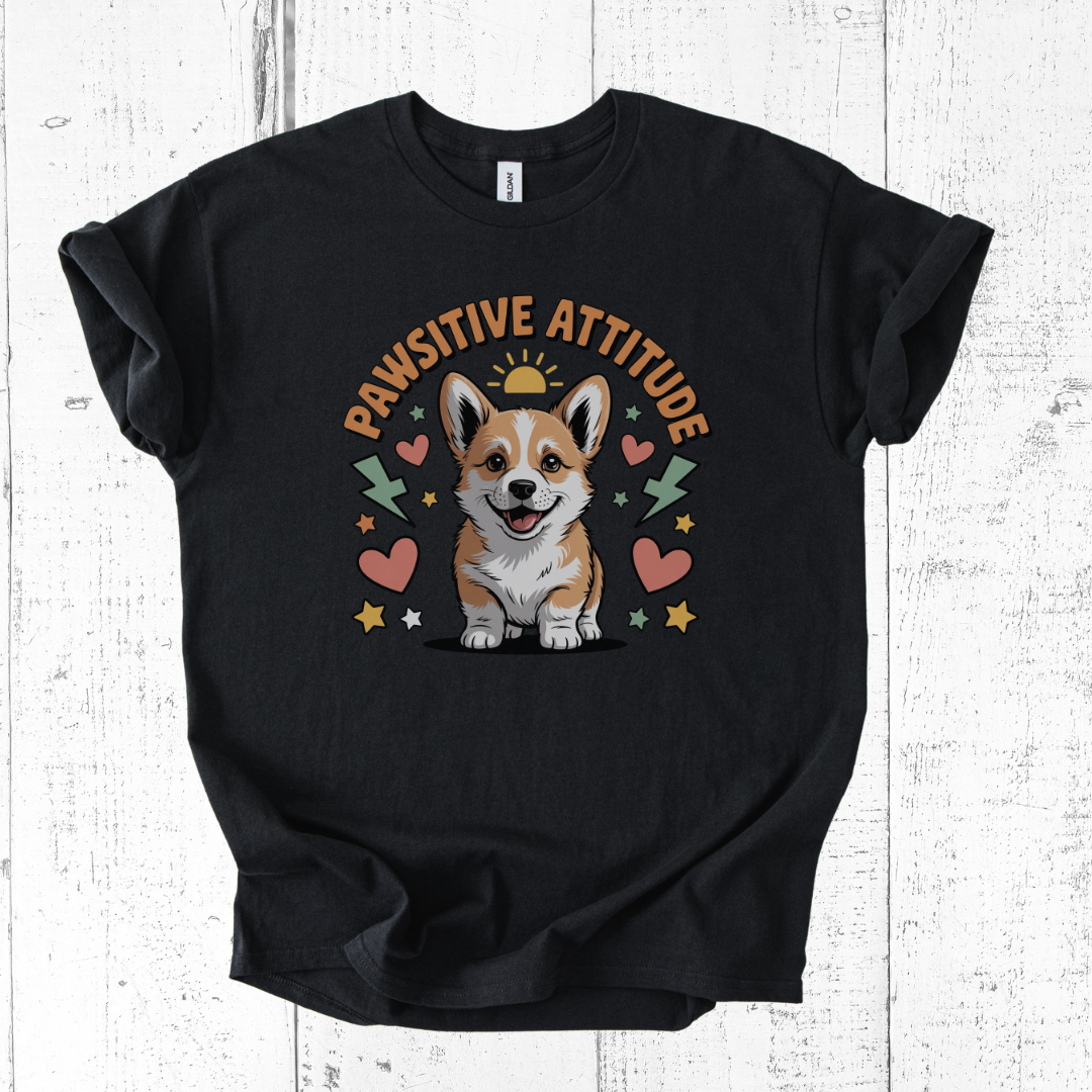 Black t-shirt with a corgi graphic and 'Pawsitive Attitude' text on a wooden surface