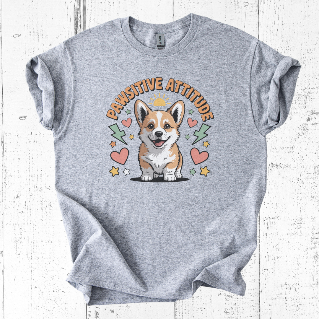 Gray t-shirt with a corgi graphic and 'Pawsitive Attitude' text on a white wooden background
