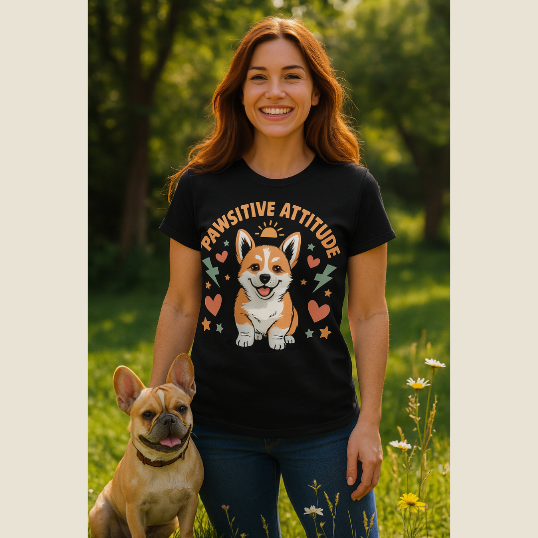 Woman wearing a black t-shirt with a corgi graphic and 'PAWSITIVE ATTITUDE' text, standing outdoors with a dog.