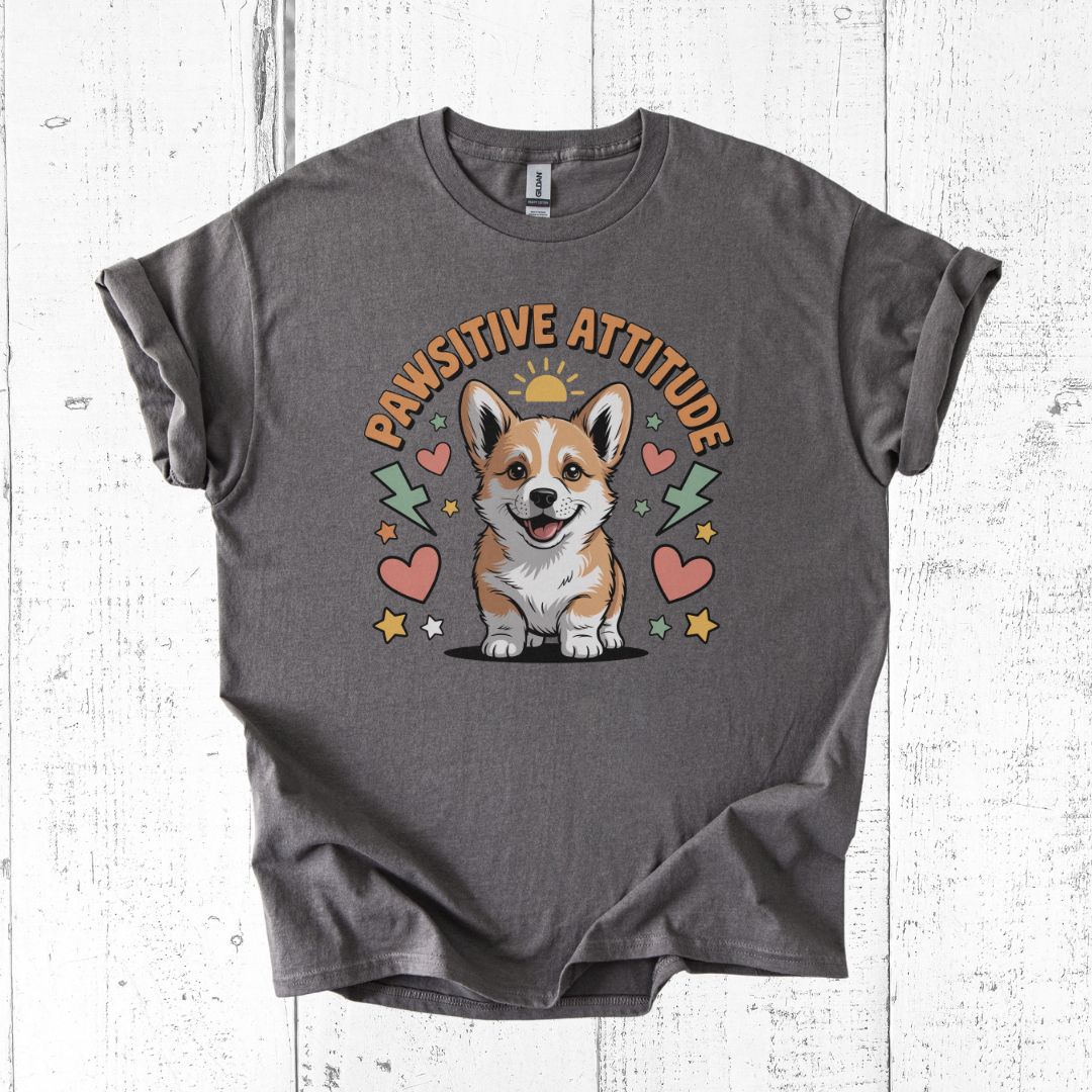 Gray t-shirt with a corgi graphic and 'Pawsitive Attitude' text on a wooden surface