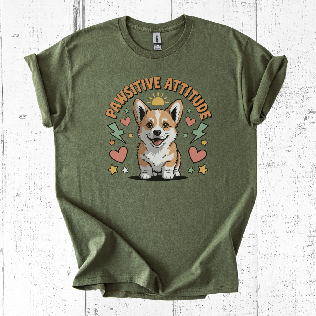 Green t-shirt with a corgi graphic and 'Pawsitive Attitude' text on a white wooden surface