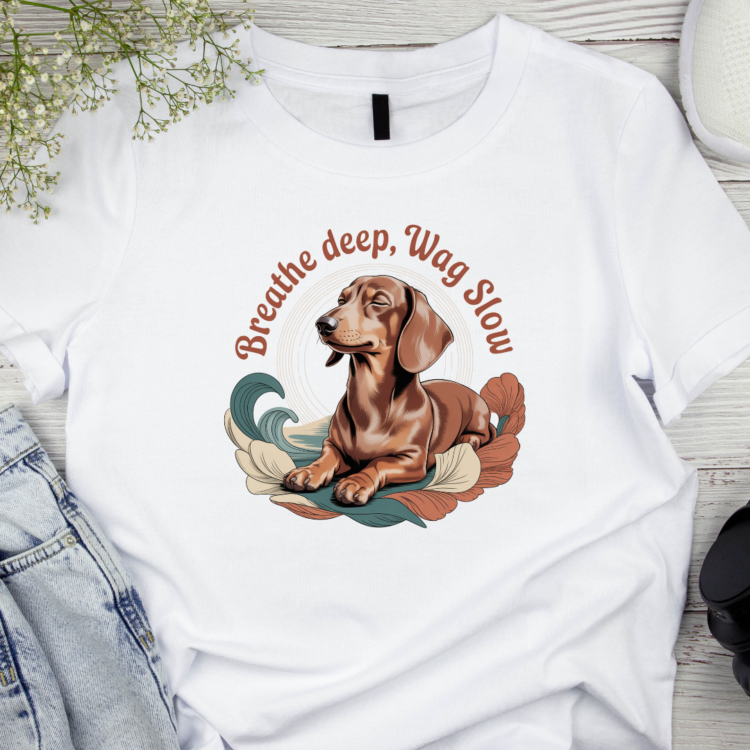 White t-shirt with a dachshund graphic and 'Breathe deep, Wag Slow' text on a wooden surface.