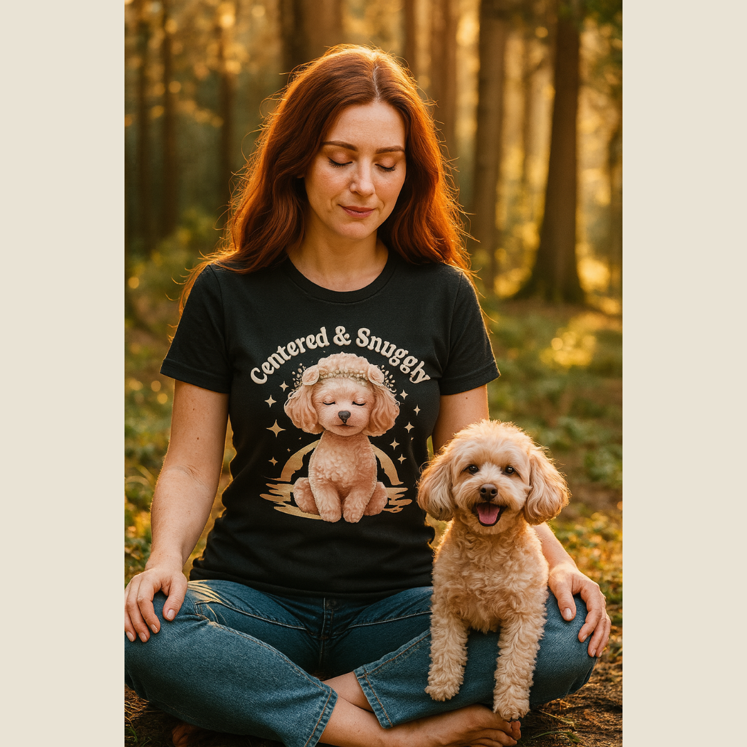 Woman wearing a black t-shirt with a dog graphic and text, sitting in a forest with a dog on her lap.