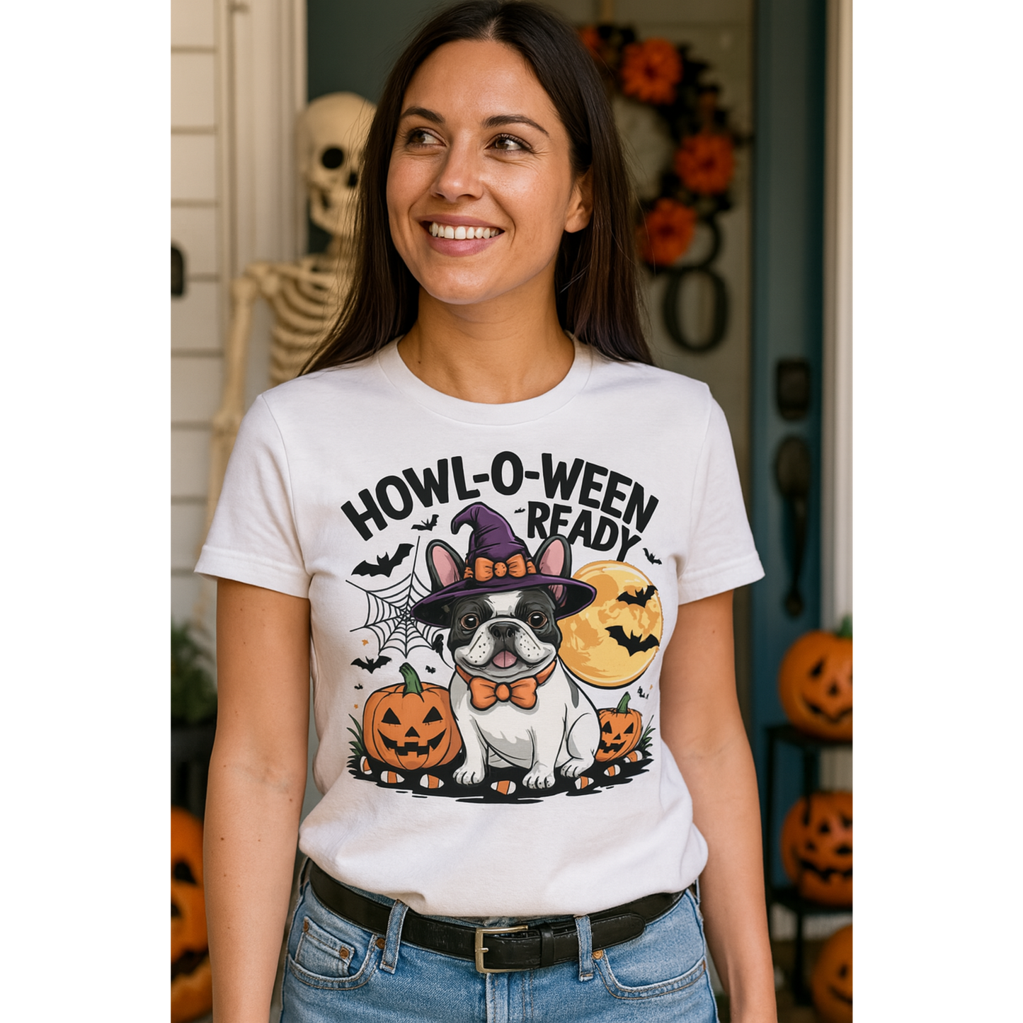 Woman wearing a Halloween-themed t-shirt with a dog graphic and text in a decorated room.