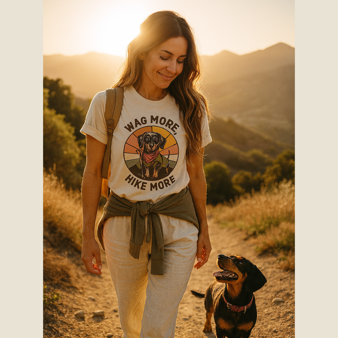 Woman walking a dog on a trail with mountains in the background, wearing a t-shirt with a graphic design.