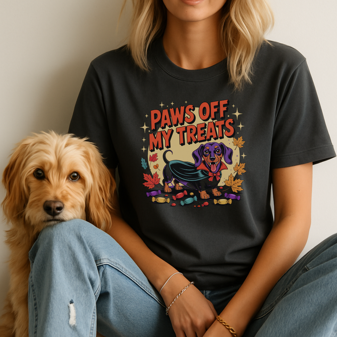 Person wearing a black t-shirt with a dog graphic and text, sitting next to a dog.