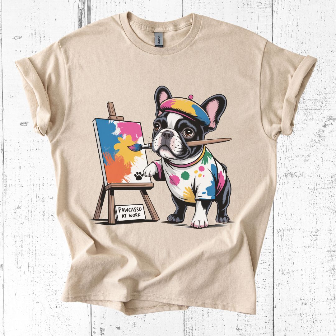 Beige t-shirt with a cartoon bulldog painting on an easel, labeled 'Pawncasso at work', against a white wooden background.