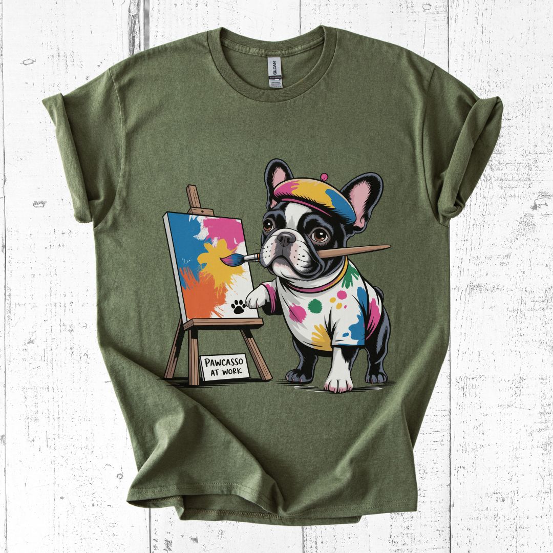 Green t-shirt with a cartoon dog painting on an easel design.