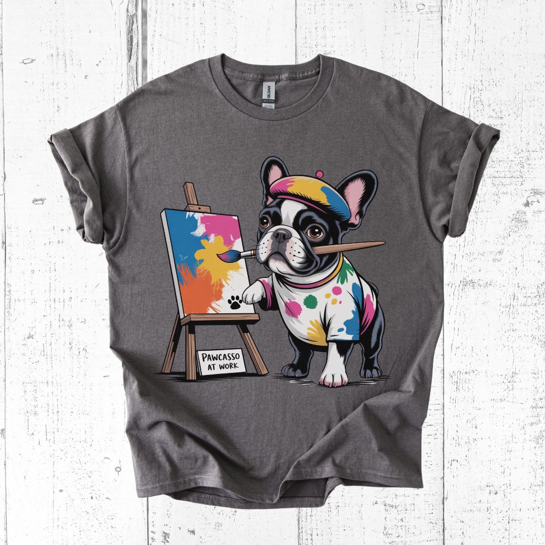 Gray t-shirt with a cartoon dog painting design on a white wooden background