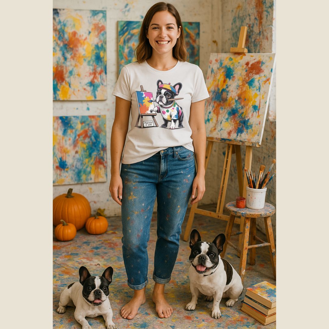 Woman wearing a t-shirt with a dog graphic in an art studio with two dogs.