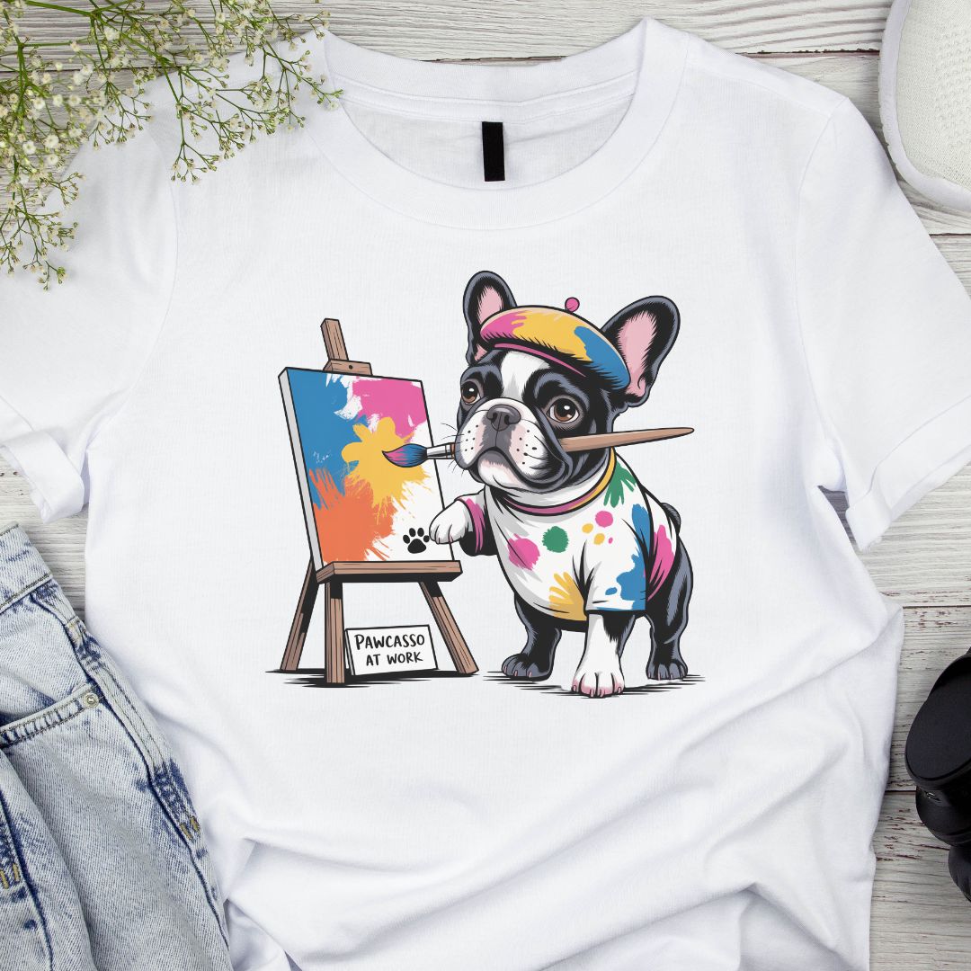 White t-shirt with a colorful dog painting design on a wooden surface.