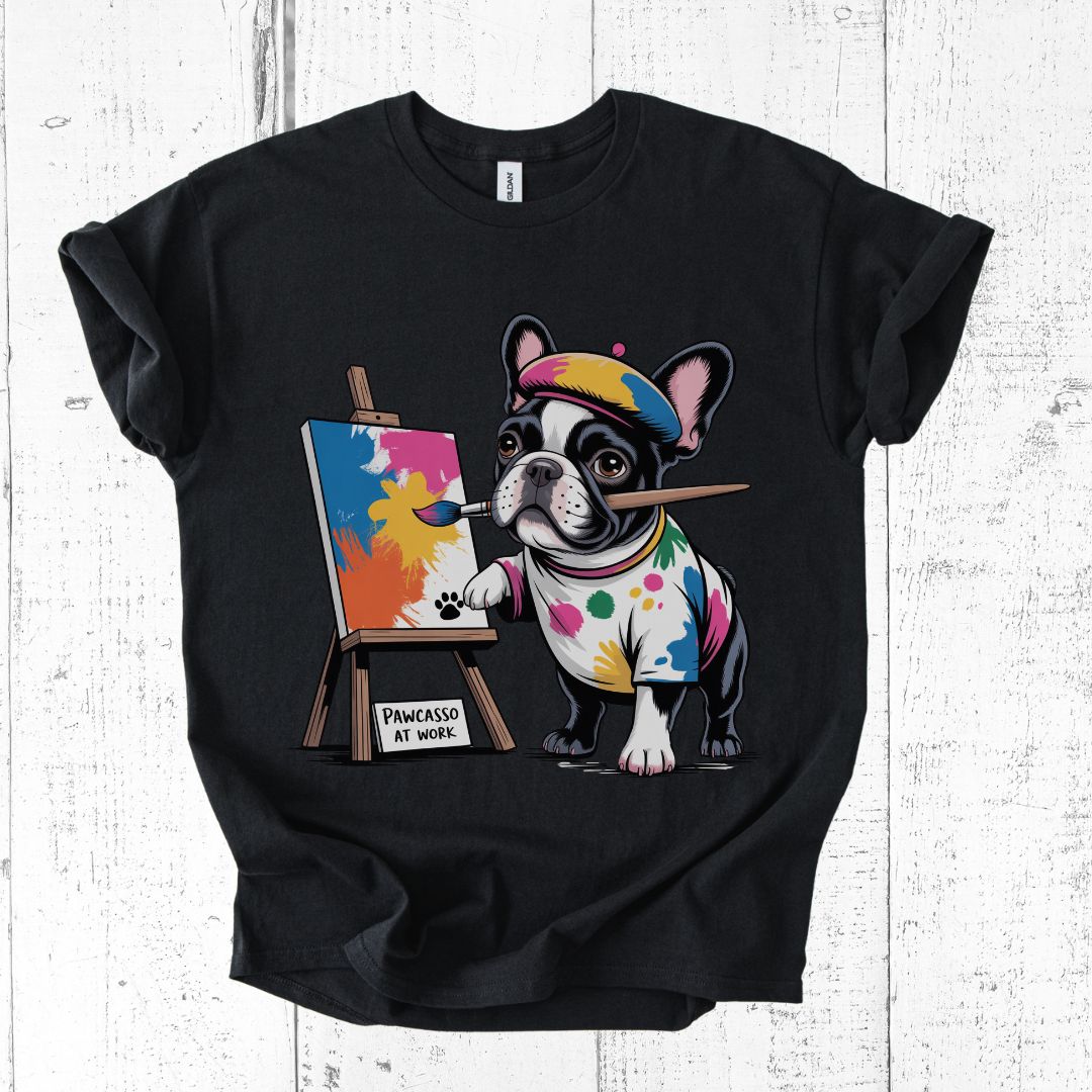 Black t-shirt with a dog painting design on a white wooden background