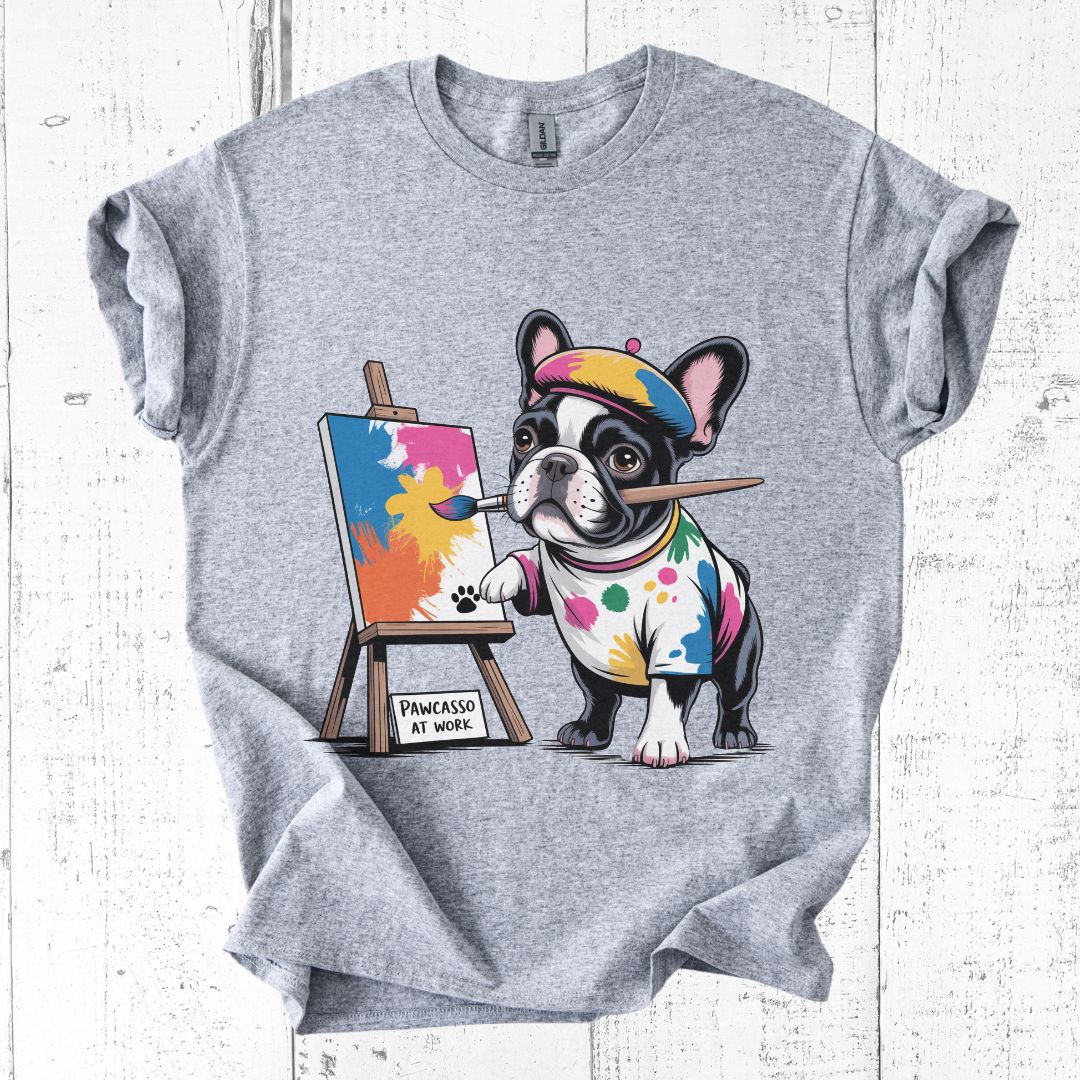 Gray t-shirt with a cartoon dog painting design on a white wooden surface