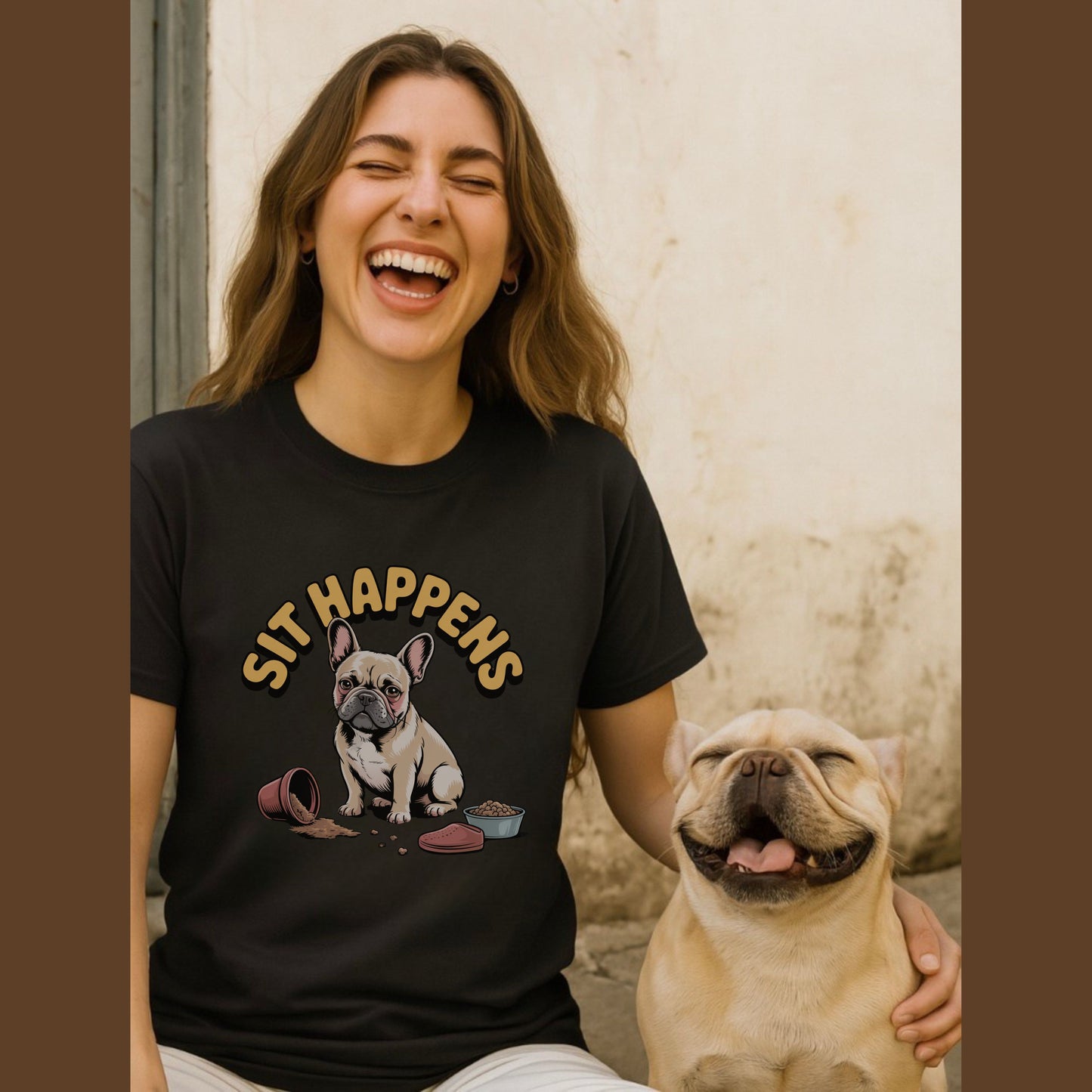 Woman wearing a black t-shirt with a dog graphic and 'SIT HAPPENS' text, standing next to a dog.