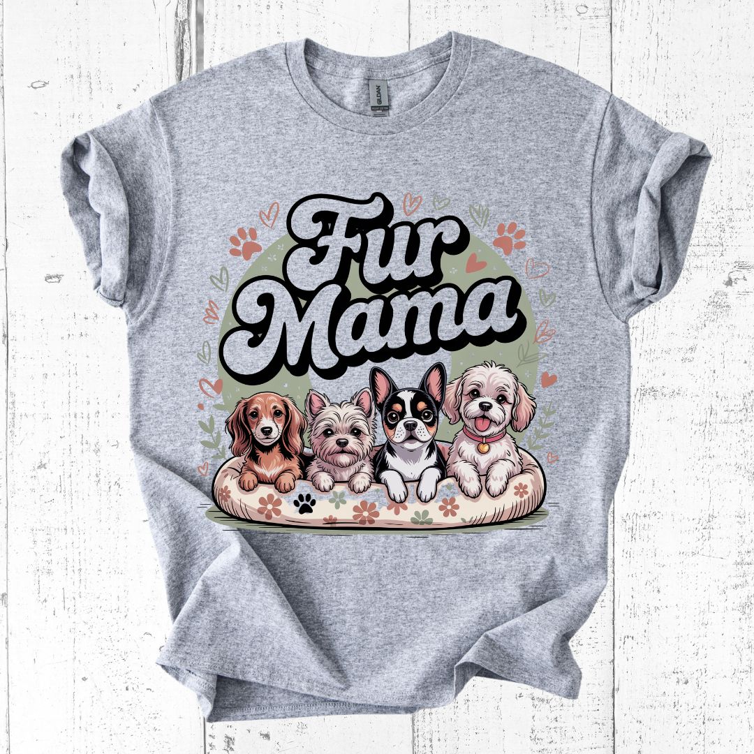 Gray t-shirt with 'Fur Mama' graphic featuring cartoon dogs on a white wooden background