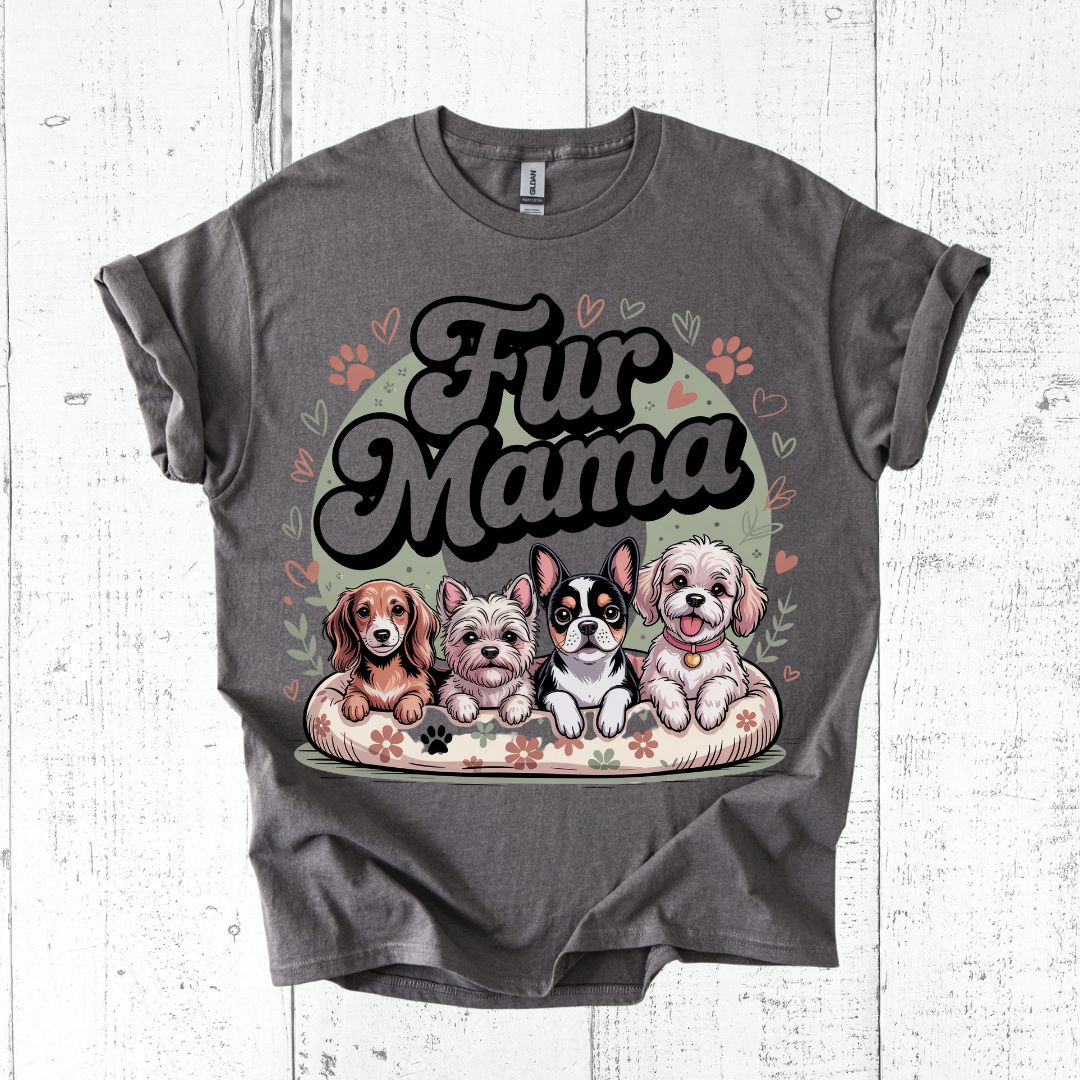 Gray t-shirt with 'Fur Mama' graphic featuring cartoon dogs on a white wooden background