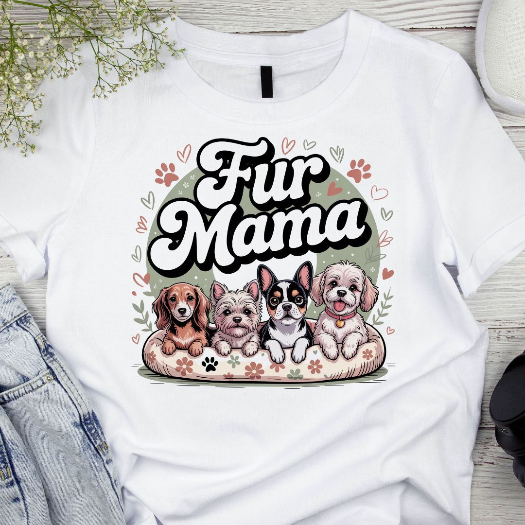 White t-shirt with 'Fur Mama' graphic featuring four dogs on a wooden surface.