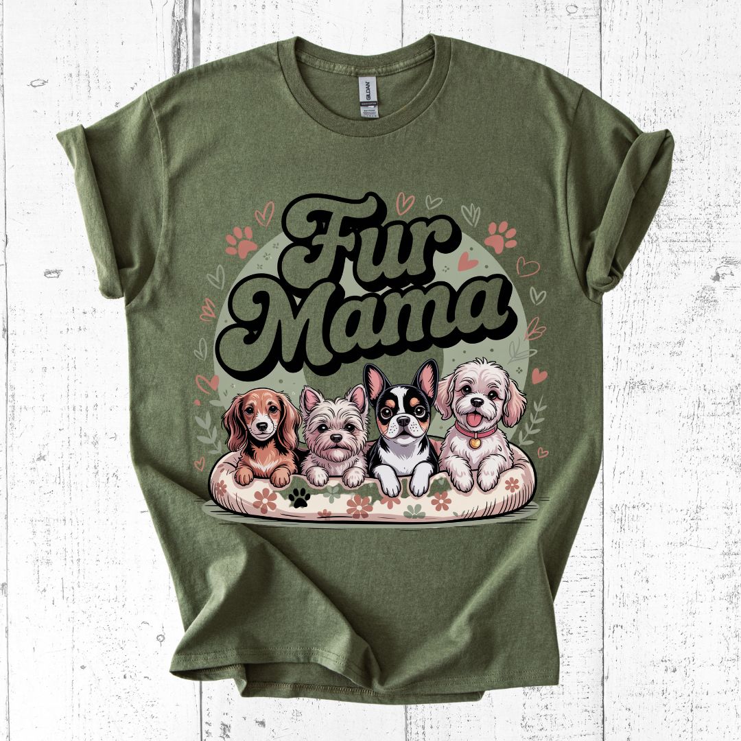 Green t-shirt with 'Fur Mama' graphic featuring four dogs on a white wooden background