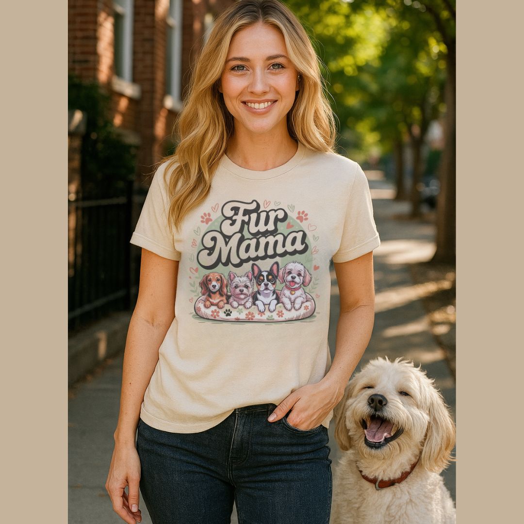 Woman wearing a 'Fur Mama' t-shirt with a dog graphic, standing next to a dog on a sidewalk.