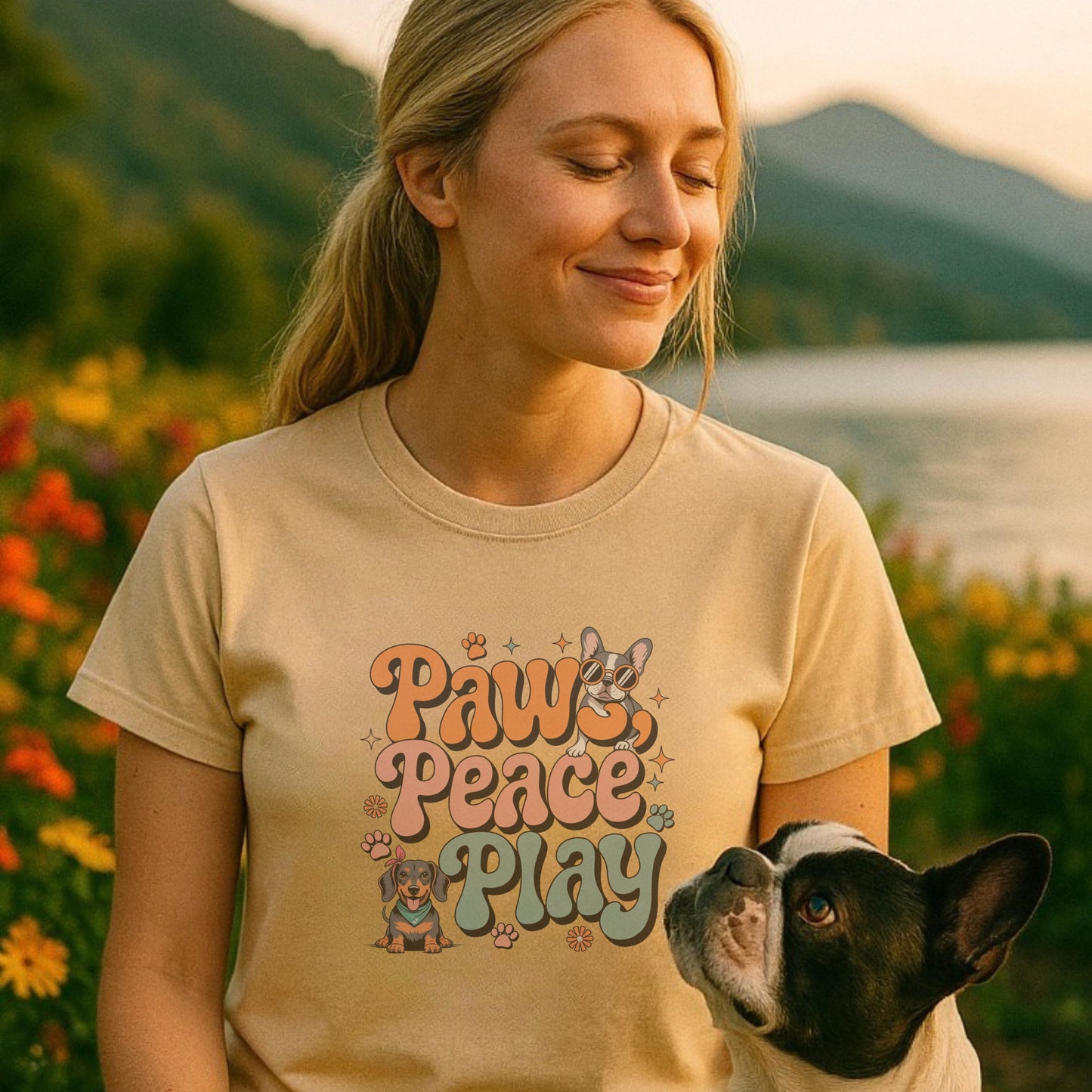 Woman wearing a 'Paws Peace Play' t-shirt with a dog in a field of flowers and mountains in the background.